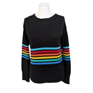 Black & Rainbow Striped Crew Neck Knit Sweater Womens Cozy Chunky Colourful Sz L